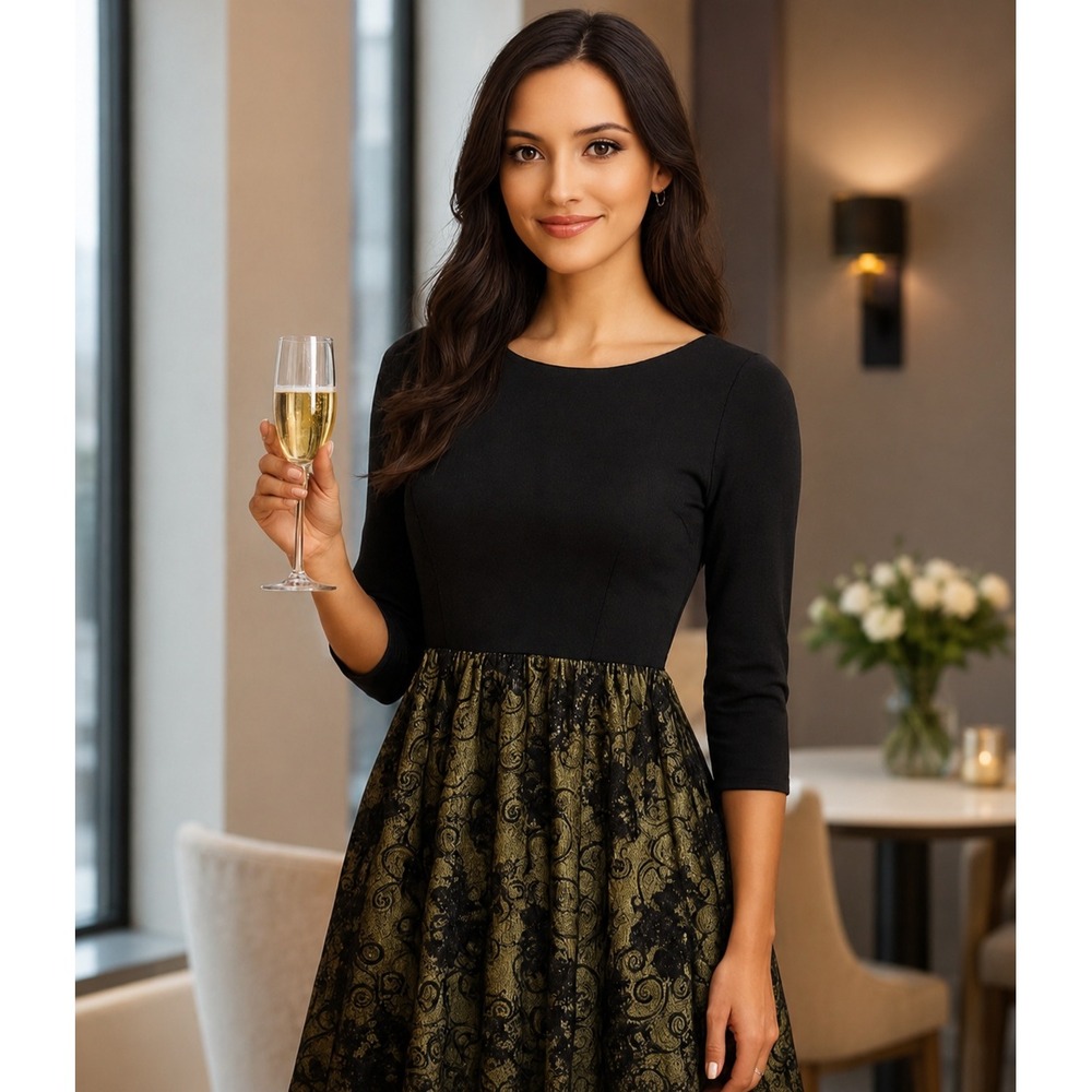 Miusol Dress Party Cocktail Small Black Long Sleeve Pleated Lace Round Neck NEW